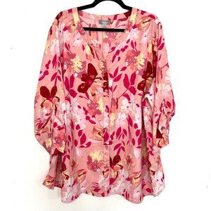 Catherine's Button Down Shirt Pink Floral Roll Tab Sleeve 2X